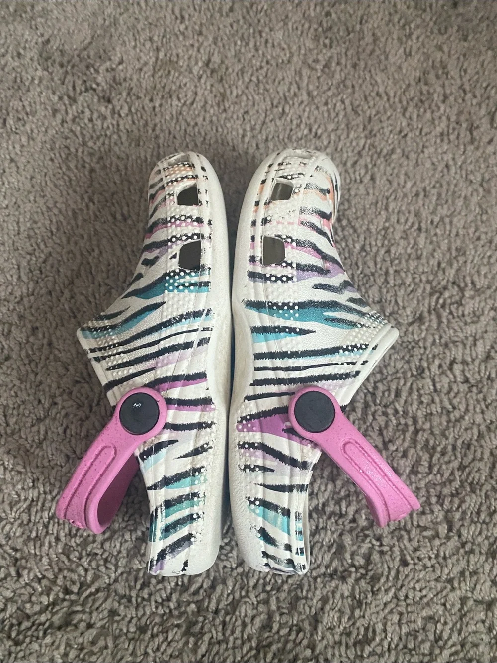 Classic CROCS Kids White Clog with Pink Strap and Multicolor Zebra Stripes